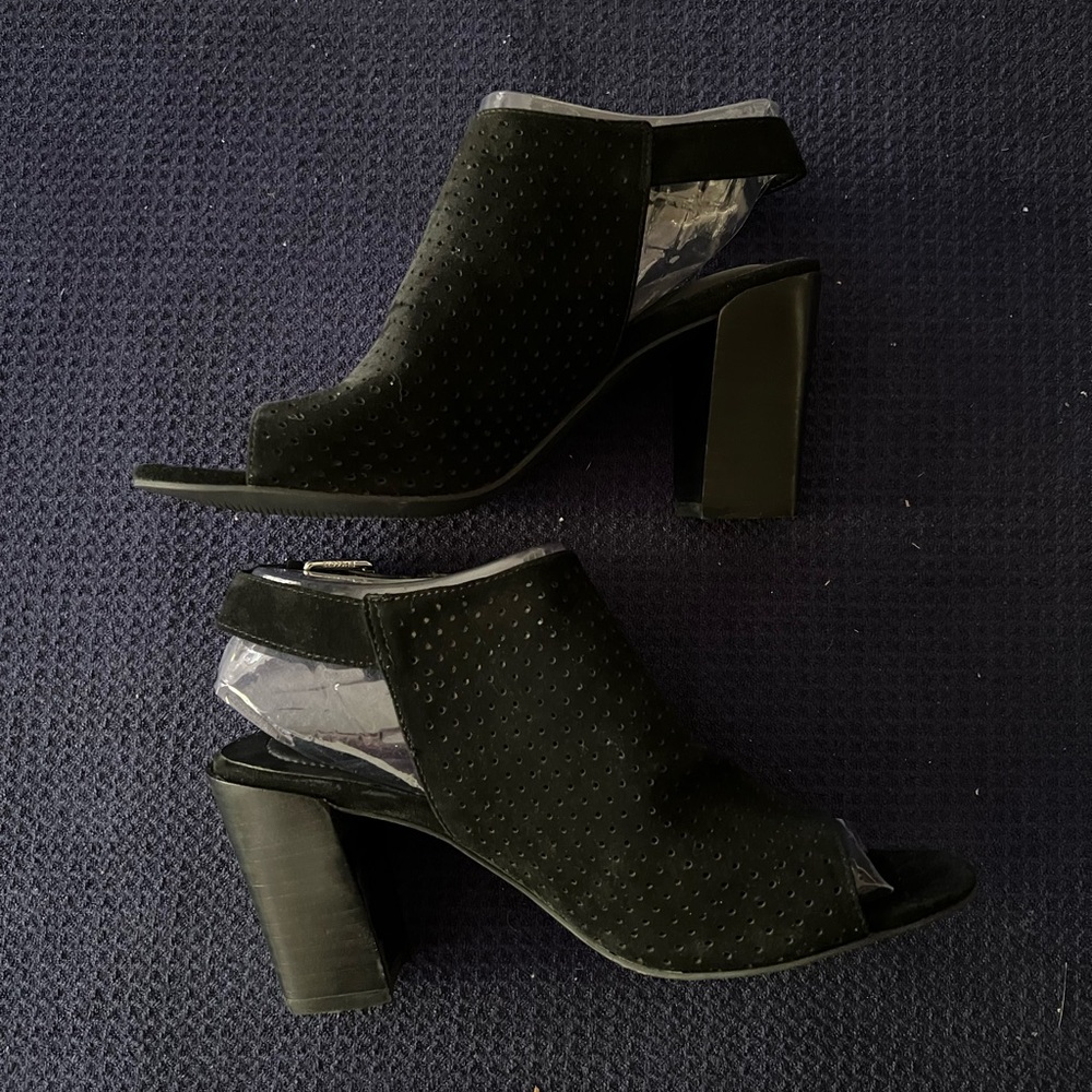 Adam Tucker Black Suede Block Heel Sandals